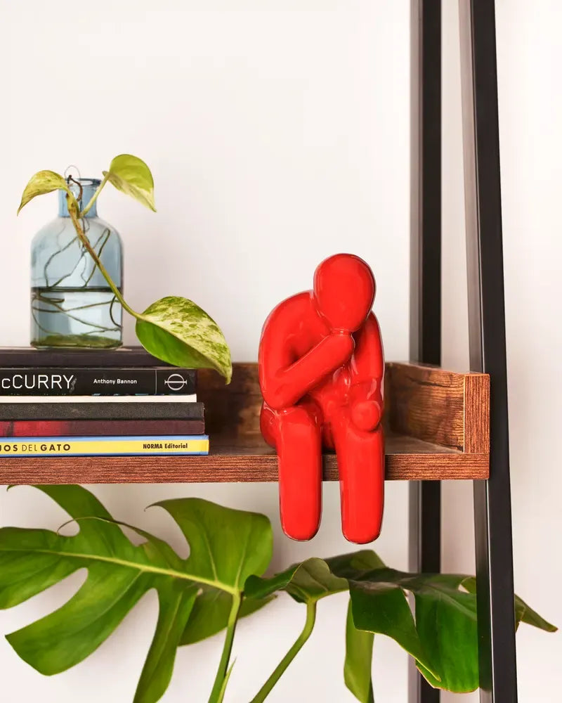 Red NonSense Project Overthinker on a shelf with books