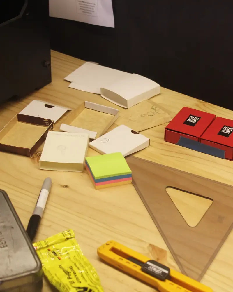 Studio worktable with NonSense Project packaging